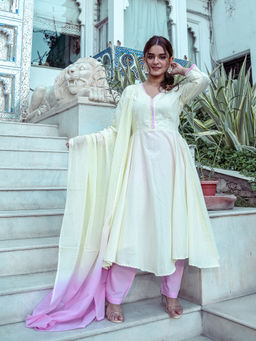 Lavanya The Label - Yellow Tie -dye Anarkali (Set of 3)