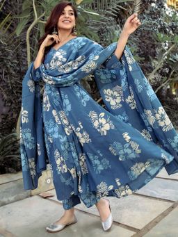 Lavanya The Label - Blue Discharge Printed Anarkali (Set of 3)
