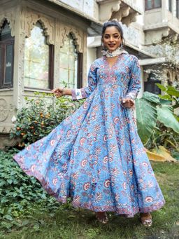 Lavanya The Label - Blue Anarkali Handblock (Set of 3)