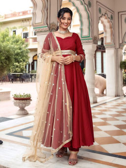Lavanya The Label - Maroon Chiffon Anarkali (Set of 3)