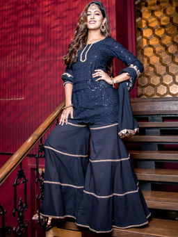 Lavanya The Label - Navy Blue Kurta With Sharara & Dupatta (Set of 3)