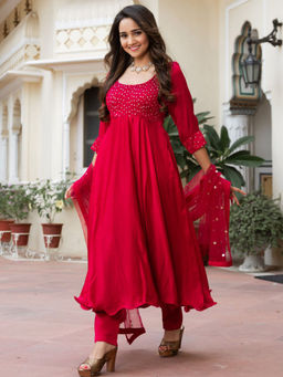 Lavanya The Label - Pink Silk Anarkali (Set of 3)