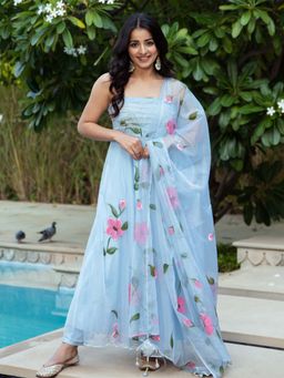 Lavanya The Label - Blue Organza Handpainted Anarkali (Set Of 3)