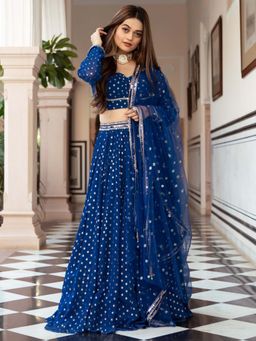 Lavanya The Label - Blue Georgette Lehenga Choli (Set Of 3)