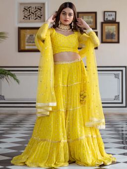 Lavanya The Label - Yellow Georgette Lehenga Choli (Set Of 3)