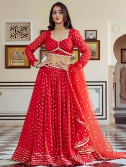 Lavanya The Label - Red Georgette Lehenga Choli (Set Of 3)