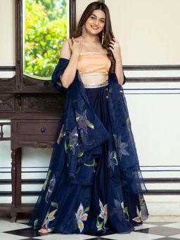 Lavanya The Label - Blue Organza Lehenga Choli (Set Of 3)