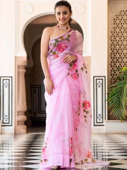 Lavanya The Label - Pink Organza Saree with Unstitched Blouse