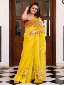 Lavanya The Label - Yellow Organza Saree with Unstitched Blouse