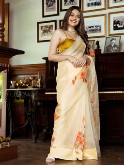 Lavanya The Label - Cream Organza Saree with Unstitched Blouse