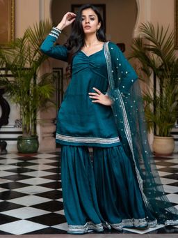 Lavanya The Label - Teal Silk Sharara (Set Of 3)