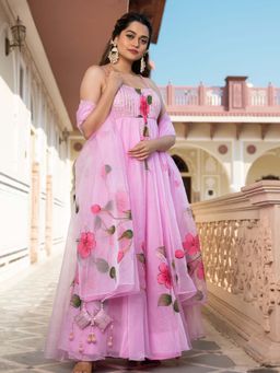 Lavanya The Label - Pink Organza Anarkali (Set Of 3)
