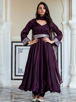 Lavanya The Label - Purple Silk Anarkali With Dupatta (Set Of 3)