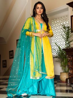 Lavanya The Label - Yellow Aqua Silk Suit (Set Of 3)
