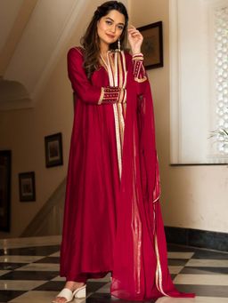 Lavanya The Label - Maroon Silk Long Anarkali (Set Of 3)