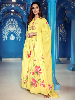 Lavanya The Label - Yellow Floral Anarkali Style Kurta With Dupatta (Set of 2)