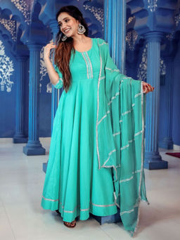 Lavanya The Label - Aqua Blue Anarkali Style Kurta With Salwar & Dupatta (Set of 3)