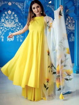 Lavanya The Label - Yellow Anarkali Style Kurta With Salwar & Dupatta (Set of 3)
