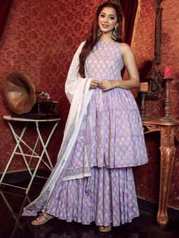 Lavanya The Label - Purple Block Print Suit Kurta With Sharara & Dupatta (Set of 3)