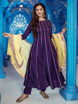 Lavanya The Label - Purple Bandhej Anarkali Style Kurta With Salwar & Dupatta (Set of 3)