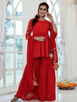 Lavanya The Label - Red Embroidered Kurta With Sharara & Dupatta (Set of 3)