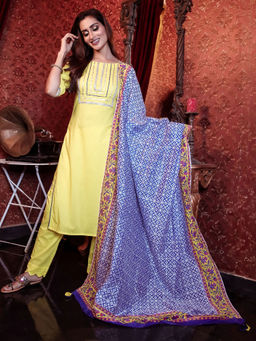 Lavanya The Label - Yellow Gota Lace Kurta With Pant & Dupatta (Set of 3)