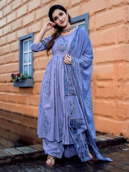 Lavanya The Label - Purple Hand block Anarkali Kurta & Palazzo With Dupatta (Set of 3)