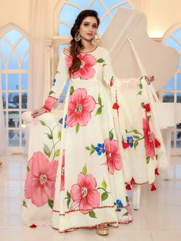 Lavanya The Label - Yellow Hand Paint Anarkali Kurta & Palazzo With Dupatta (Set of 3)