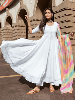 Lavanya The Label - White Multi Colour Anarkali Kurta & Pant With Dupatta (Set of 3)
