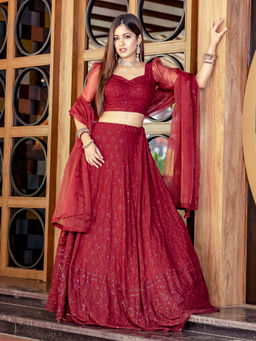 Lavanya The Label - Maroon Chikankari Lehenga Choli With Dupatta (Set of 3)