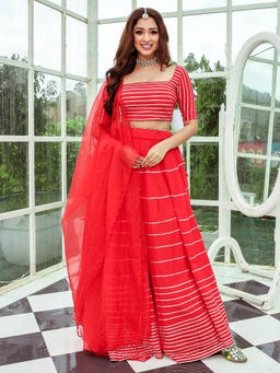 Lavanya The Label - Red Gota Work Lehenga Choli With Blouse & Dupatta (Set of 3)