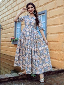 Lavanya The Label - Blue Hand block Printed Long Maxi Dress