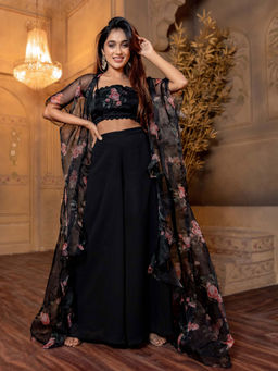 Lavanya The Label - Black Floral Top, Palazzo And Shrug (Set of 3)