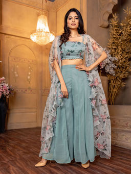 Lavanya The Label - Blue Floral Top, Palazzo And Shrug (Set of 3)