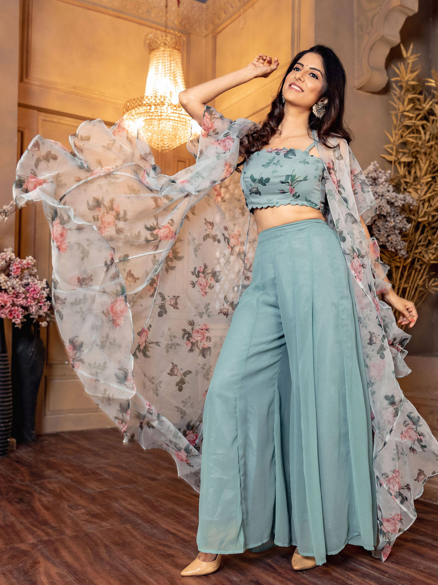 Blue Floral Top, Palazzo And Shrug (Set 