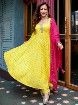 Lavanya The Label - Yellow Leheriya Anarkali Suit (Set of 3)