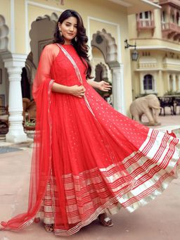 Lavanya The Label - Red Georgette Anarkali (Set of 3)