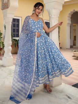 Lavanya The Label - Blue Hand Block Anarkali (Set of 3)