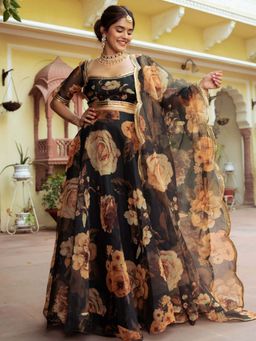 Lavanya The Label - Brown Organza Lehenga (Set of 3)