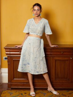 Okhai - Sky Blue Embroidered Crop Top And Skirt (Set of 2)