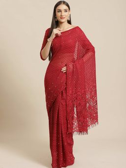 Sareemall - Maroon Party Wear Net(Super Net) Solid Saree With Unstitched Blouse