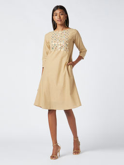 Okhai - Rethi Beige Embroidered Cotton Dress