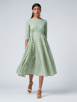 Okhai - Juno Green Cotton Hand Block Print Dress