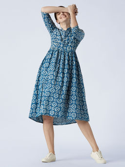 Okhai - Blue Tea-Date Cotton Hand Block Midi Dress