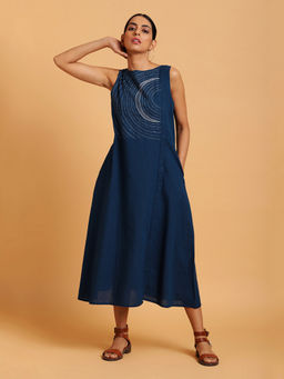 Okhai - Navy Blue Aura Orbit Embroidered Midi Dress