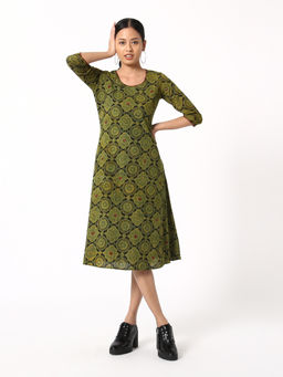 Okhai - Pasture Green Ajrakh Cotton Dress