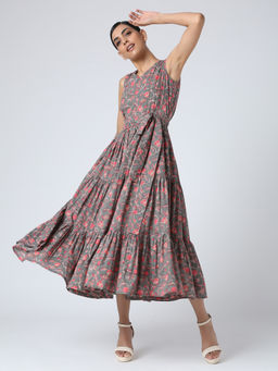 Okhai - Grey Happy Vines Cotton Hand Block Printed Dress