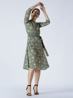Okhai - Teal Orange Bloom Hand Block Print Knee Length Dress