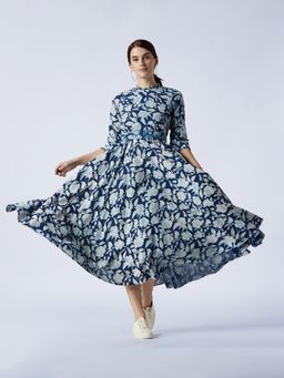 Okhai - Navy Blue Natura Hand Block Printed Midi Dress