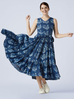 Okhai - Navy Blue Freedom Hand Block Printed Midi Dress